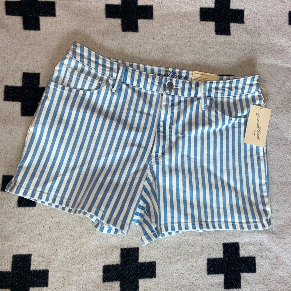 Light blue and white striped High rise shorts
